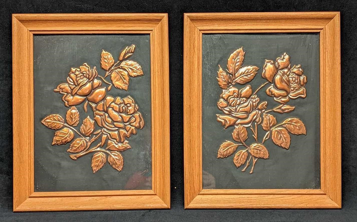 2 Framed Copper Embossed Floral Bouquets