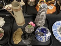 Art pottery vases, pitcher, stoneware, dish.