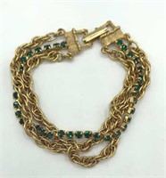 Vintage 3 Strand Green Rhinestone Gold Bracelet