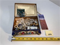 Vtg Tin Jewelry Box with Fashion Jewelry