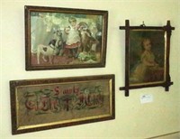 Lot: 3 Framed Victorian Prints and Needlepoint