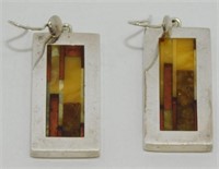 Sterling Silver and Amber Inlaid Pierced Earrings