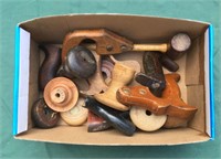 Box of wooden brace heads, plane totes, etc.
