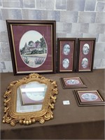 Wall art pieces and gold frame mirror