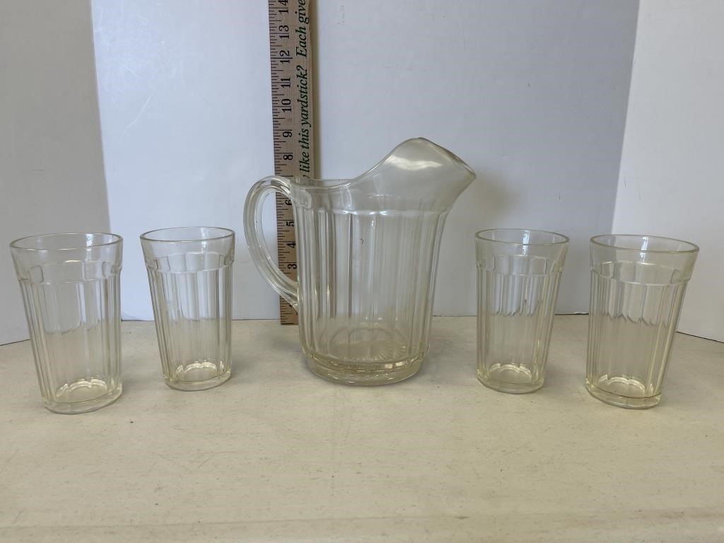 ANTIQUE THICK GLASS BAR PITCHER & 4 GLASSES SET