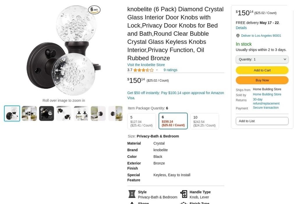 B167  Knobelite Crystal Privacy Knobs (6 Pack), Br