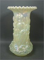 Fenton Vaseline Opal Iridised Heavy Iris Vase