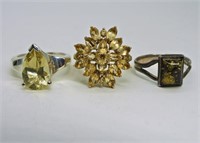 3 Sterling Yellow Gemstone Rings