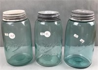 3 blue ball mason jars with bubbles