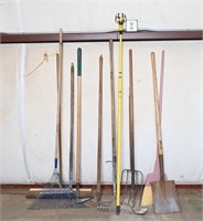 Assorted Garden Tools, Rakes, Brooms