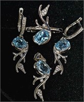 $600 Silver Blue Topaz Ring Earring And Pendant(6.