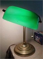 Brass bankers lamp w/ green glass shade,