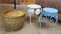 3 PC- 2 OUTDOOR PLANT STANDS, GLAZED PLANTER