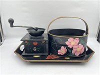 Floral Hand Painted Coffee Grinder, Basket, Tray