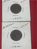 2 - Lincoln wheat pennies 1927, 1919