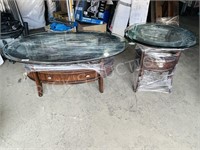 set of glass & wood coffee & side table w/ drawers