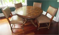 Solid Oak Wood Parquet Top Table. With 4 Chairs