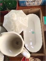White ceramic pitcher, bowl and milk glass piece