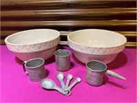 2 Large Pottery Mixing Bowls, Measuring Cups +