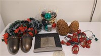 Garland, Ornaments, Plate, Lights, and 2 Pine