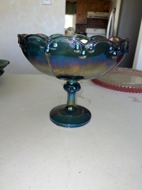 Blue amethyst carnival glass pedestal bowel