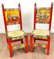 (2pc) Mexican Hand-painted Wood Rush Seat Chairs