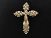 Sterling Inlaid Turq. & Coral Cross 20.8gr TW