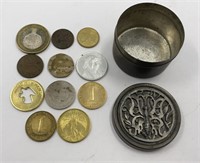 Small vintage tin with 11 vintage coins & tokens