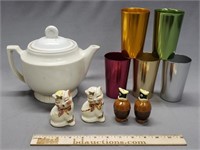 Vintage Tea Kettle, Metal Cups, Salt and Peppers