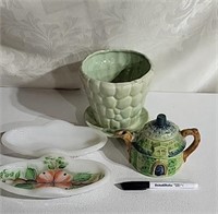 Teapot, dishes and flower pot