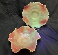 (2) Fenton Custard Lions Dishes Stained Red