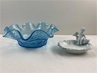 Vintage Enesco cherub boy on koi fish soap dish