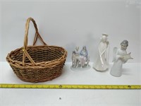 3 porcelain religious figurines in basket