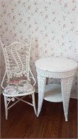 ANTIQUE ROUND WICKER SIDE TABLE + CHAIR