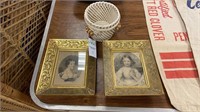 Two gold picture frames 5“ x 6“ and ceramic