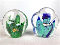 Lot Of 2 Art Glass Paperweights W Fish