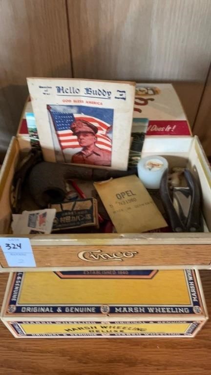 Vintage cigar boxes- with variety of items - lot