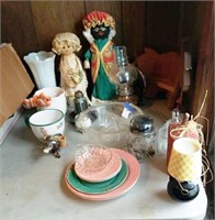 Misc glassware, handmade bottle dolls