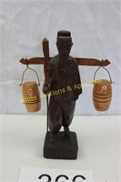 Vintage Wood Carved Asian Man S & P Shaker Statue