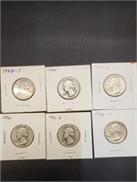 Six 1940s Silver Washington Quarters