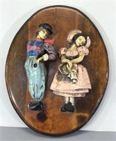 Vintage Wall Plaque -Chalkware Figures on Wood