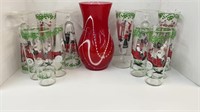 9.5’’ red and white glass vase, (6) Libby The