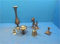 Flat of brass vase, bell and more