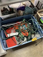 LARGE BIN OF MISC CORDS / HOUSEWARES ETC