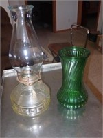 Kerosene Lamp & Dark Green Vase