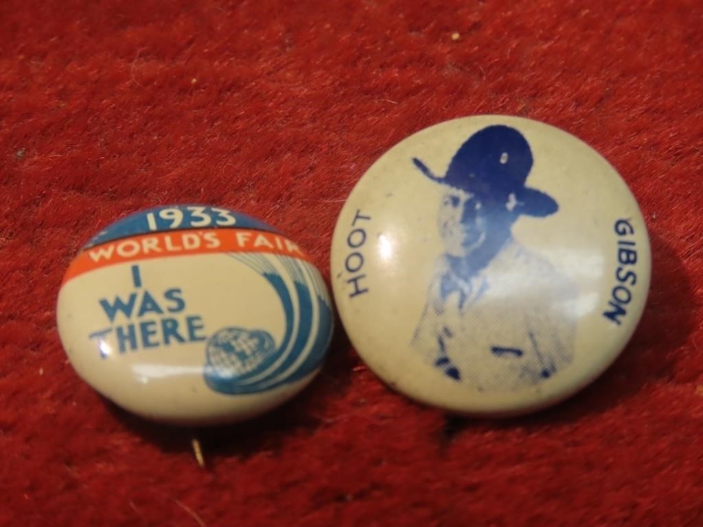 1933 World's fair & Hoot Gibson button pins.