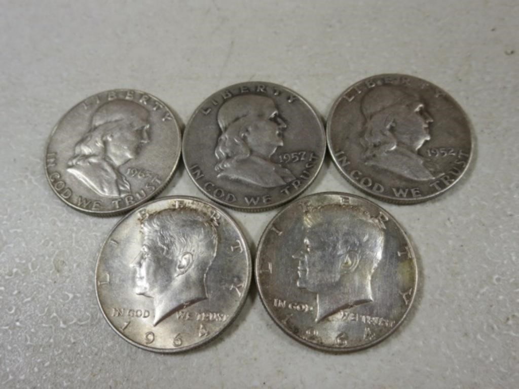 (3) Franklin & (2) Kennedy Silver Half Dollars