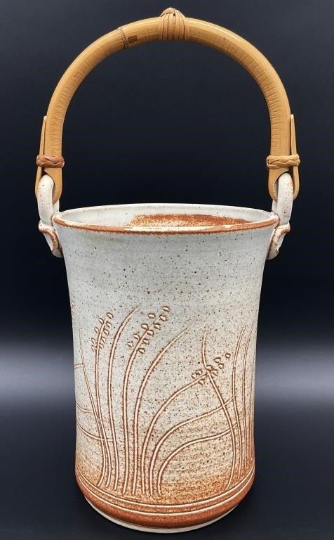 Marked Studio Pottery Bucket w/ Bamboo Handle