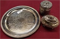 15" Silverplate Tray & 2 Lidded Dishes