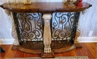 ORNATE IRON AND WOOD FOYER TABLE